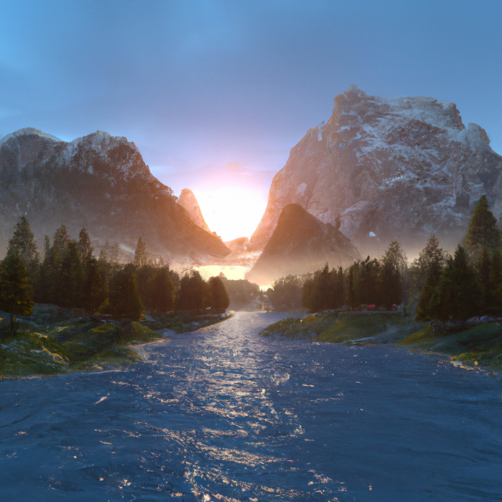 Ultra-realistic mountain valley at sunrise, golden light hitting snow-capped peaks, mist rolling through pine forests, crystal clear river, 8k, cinematic lighting, HDR