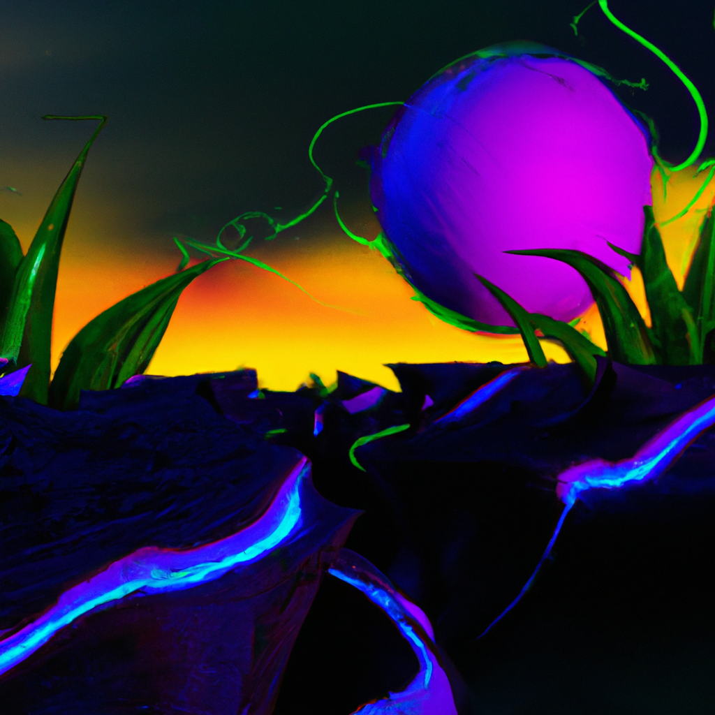 Alien planet with neon-colored terrain, bioluminescent plants, two suns in the sky, futuristic landscape, high detail