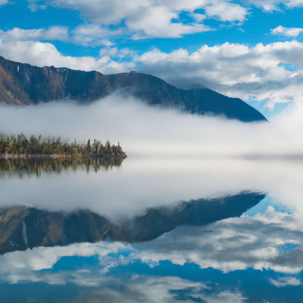 Wide-angle shot of a serene lake reflecting dramatic clouds and rugged mountains, soft morning fog, photorealistic, National Geographic style