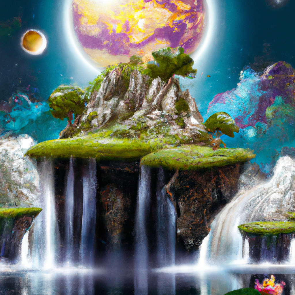 Floating islands covered in waterfalls and glowing vegetation, magical sky with multiple moons, fantasy art, highly detailed, vibrant colors