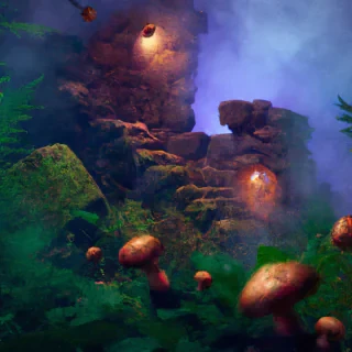 Ancient ruins in a mystical forest with glowing mushrooms, soft fog, enchanted atmosphere, fantasy concept art