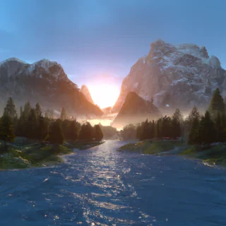 Ultra-realistic mountain valley at sunrise, golden light hitting snow-capped peaks, mist rolling through pine forests, crystal clear river, 8k, cinematic lighting, HDR